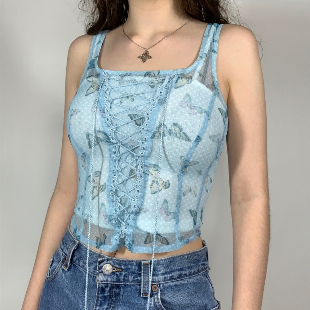 Y2K blue butterfly sheer tank top